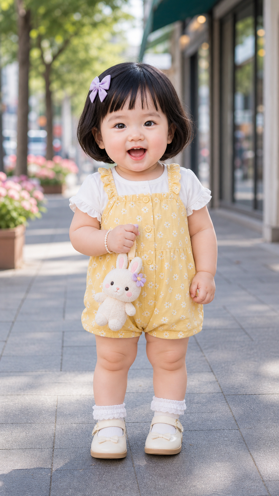 Cheerful toddler girl in a yellow romper