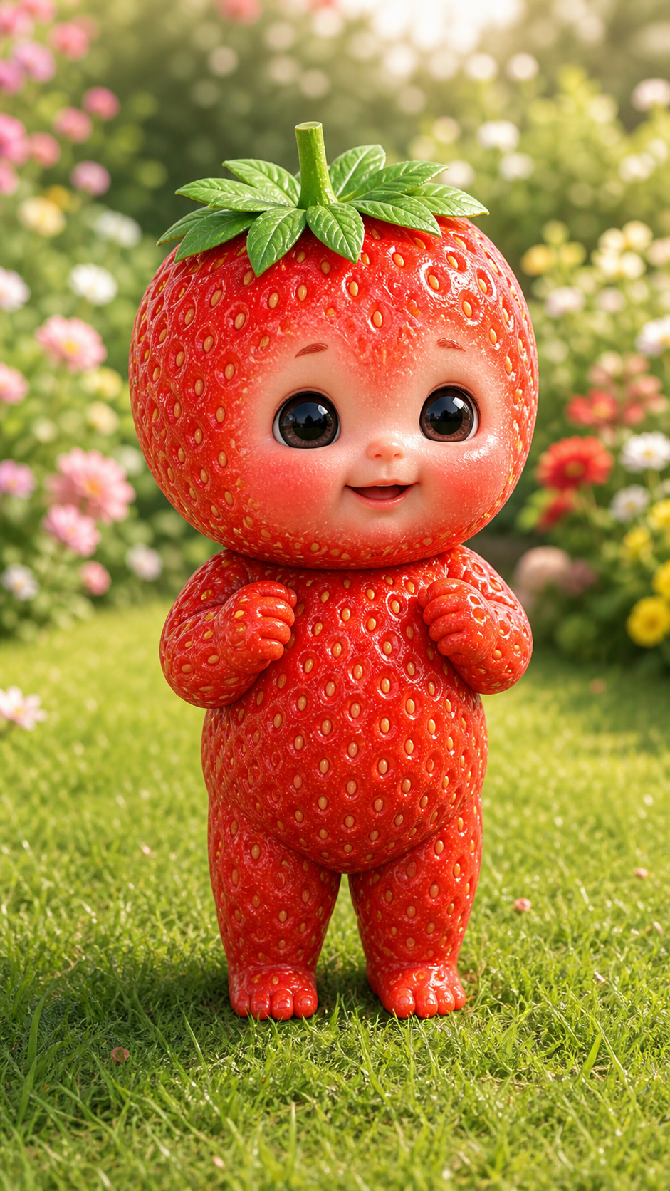 Cute strawberry baby character in a garden