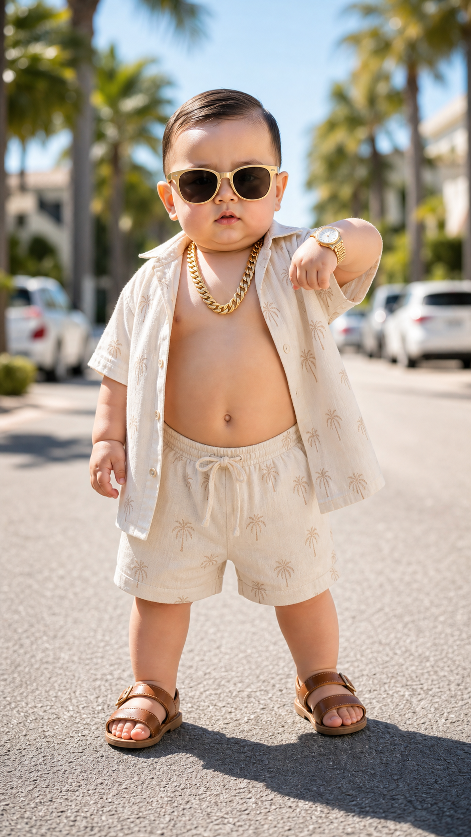 Cool toddler boy with sunglasses and gold chain